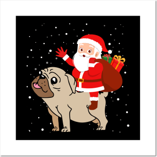 Santa Riding Pug Christmas Posters and Art